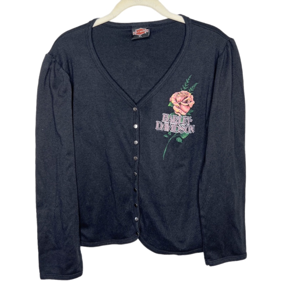 Harley Davidson | Snap Button Rose Puffed Shoulder Tee Shirt XL